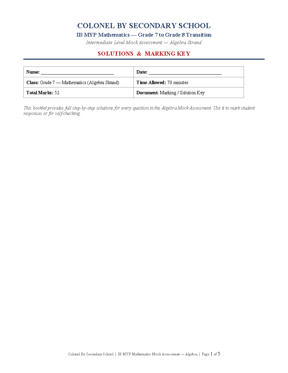COLONEL IB MYP Math Grade 7 Algebra Mock Assessment Solutions - Studocu