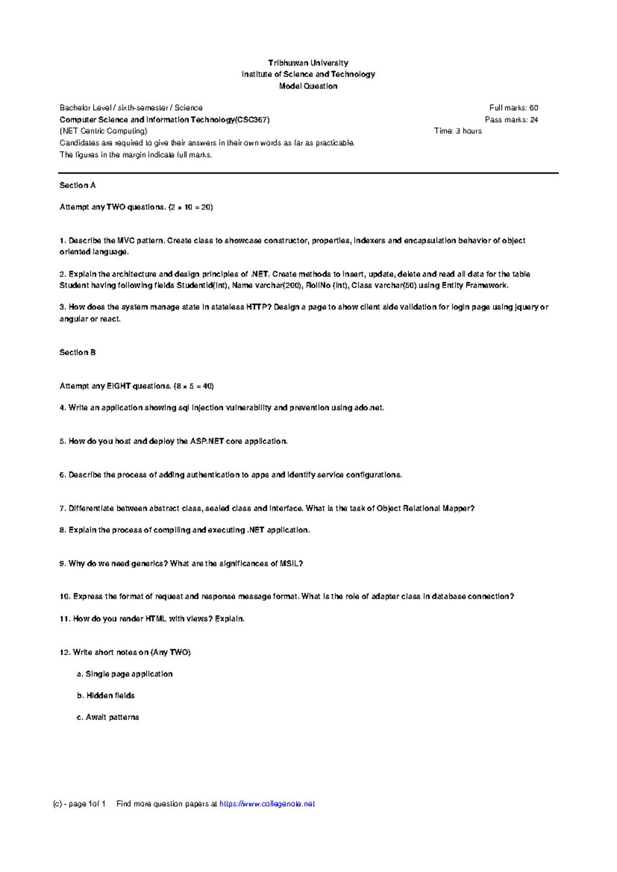 CSC367 Net-Centric Computing Model Question Paper for Final Exam - Studocu