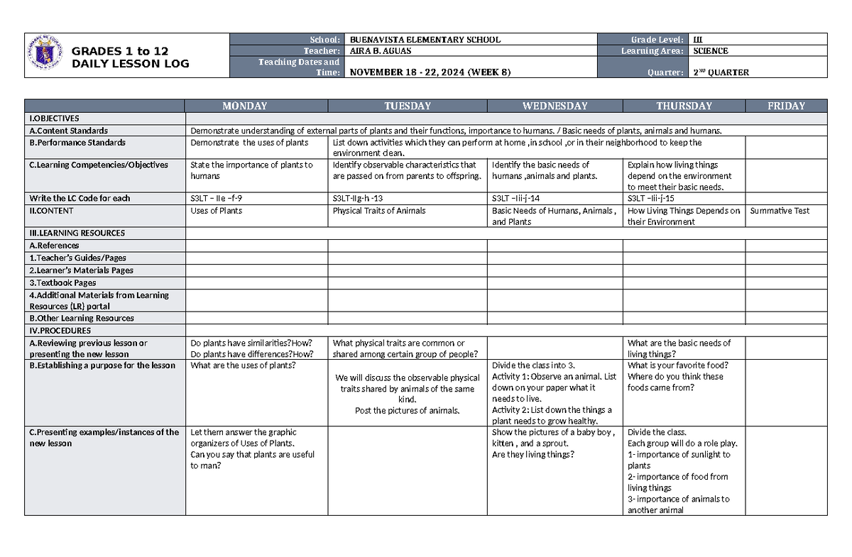 DLL Science 3 Q2 W8 - Daily Lesson Log and Activities Guide - Studocu