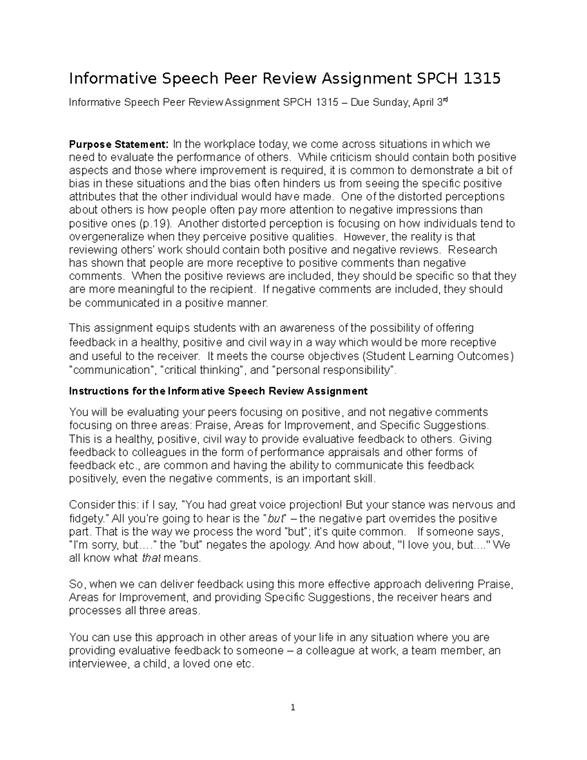 SPCH 1315 Informative Speech Peer Review Assignment Instructions - Studocu