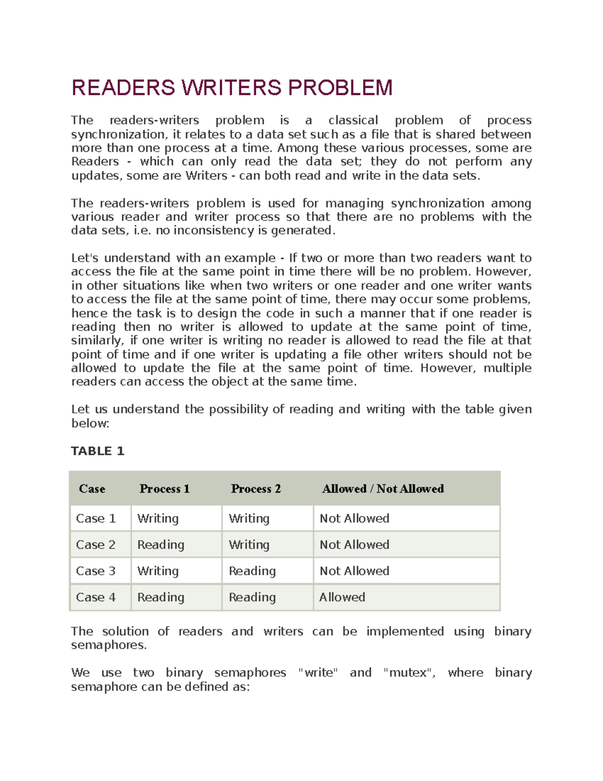 Reader writer 1 - operating system notes - READERS WRITERS PROBLEM The ...