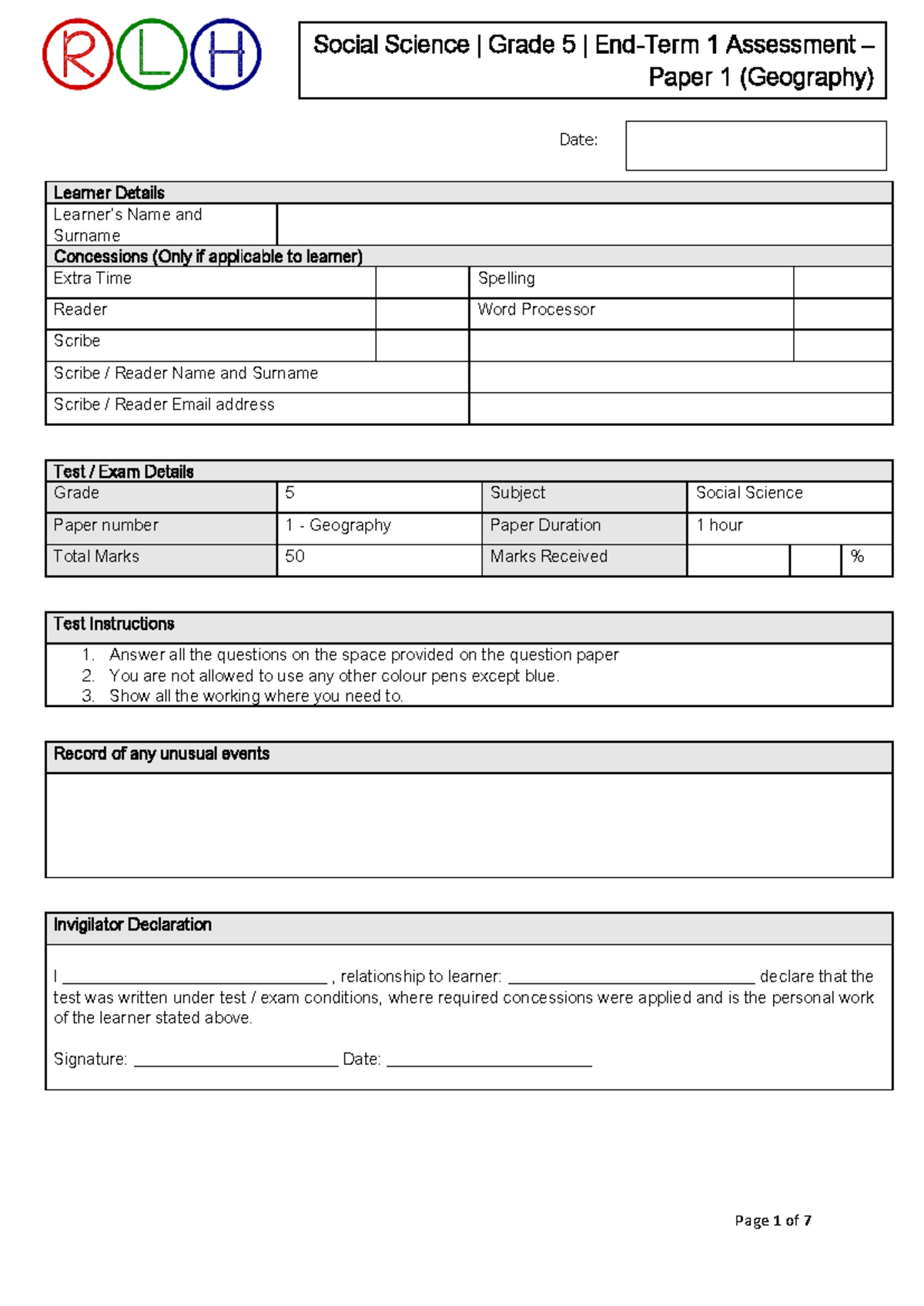 Ass geog grade 5 - Paper 1 (Geography) Learner Details Learner’s Name ...
