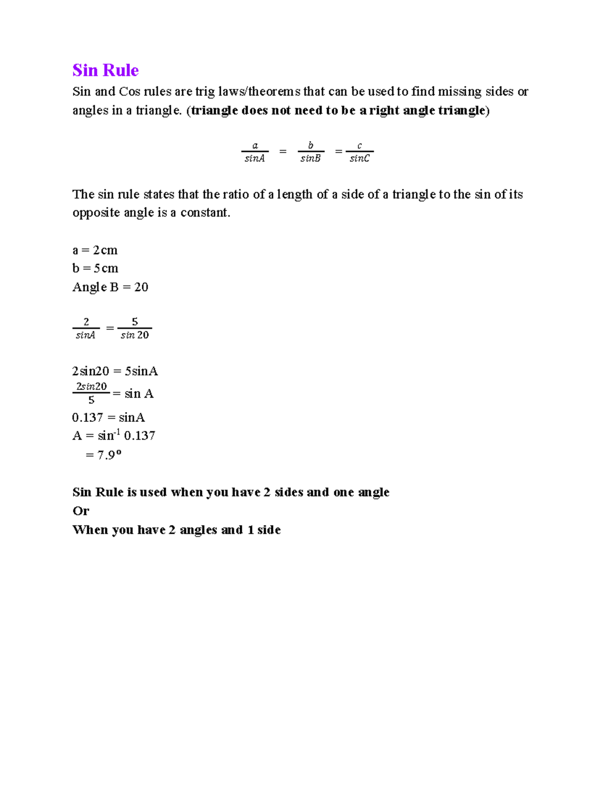 Maths Notes - Sin Rule Sin and Cos rules are trig laws/theorems that ...