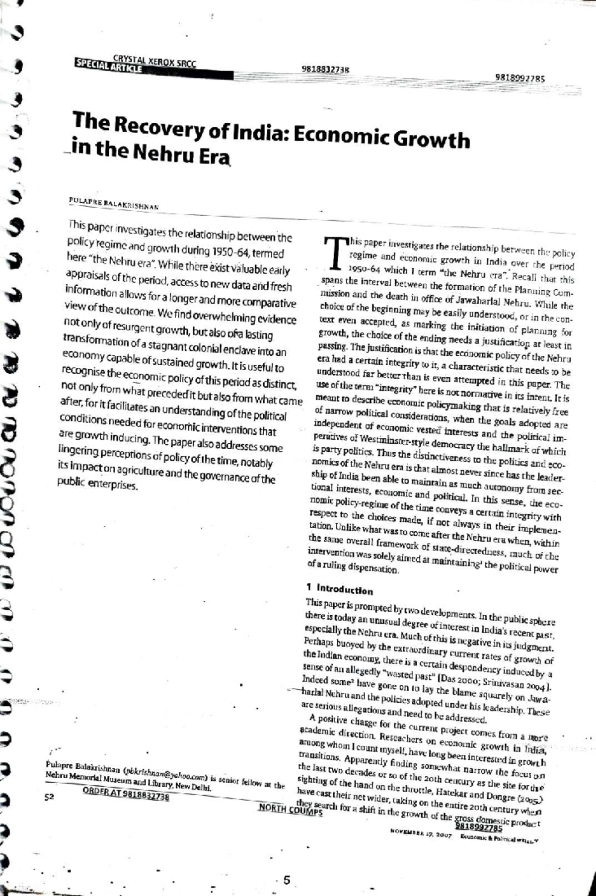 The Recovery of India: Economic Growth in the Nehru Era (Course Code ...