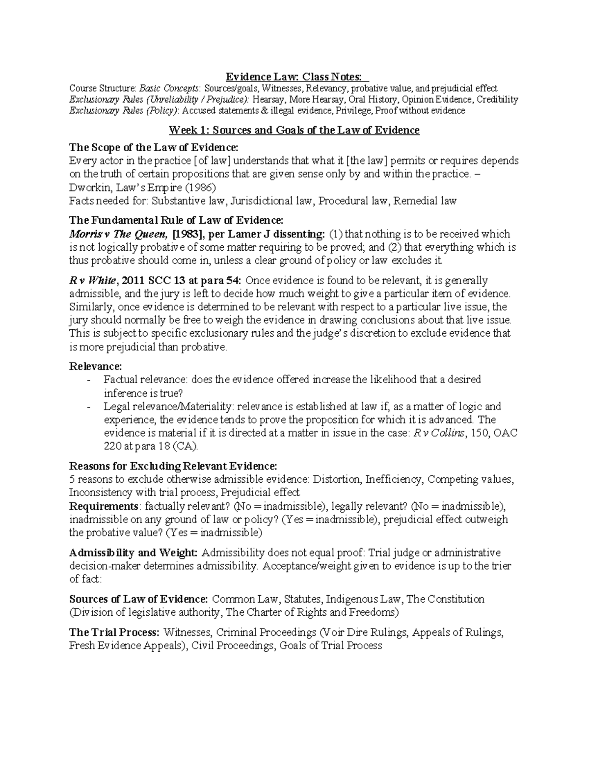 Evidence Law: Class Notes on Key Concepts and Case Law - Studocu