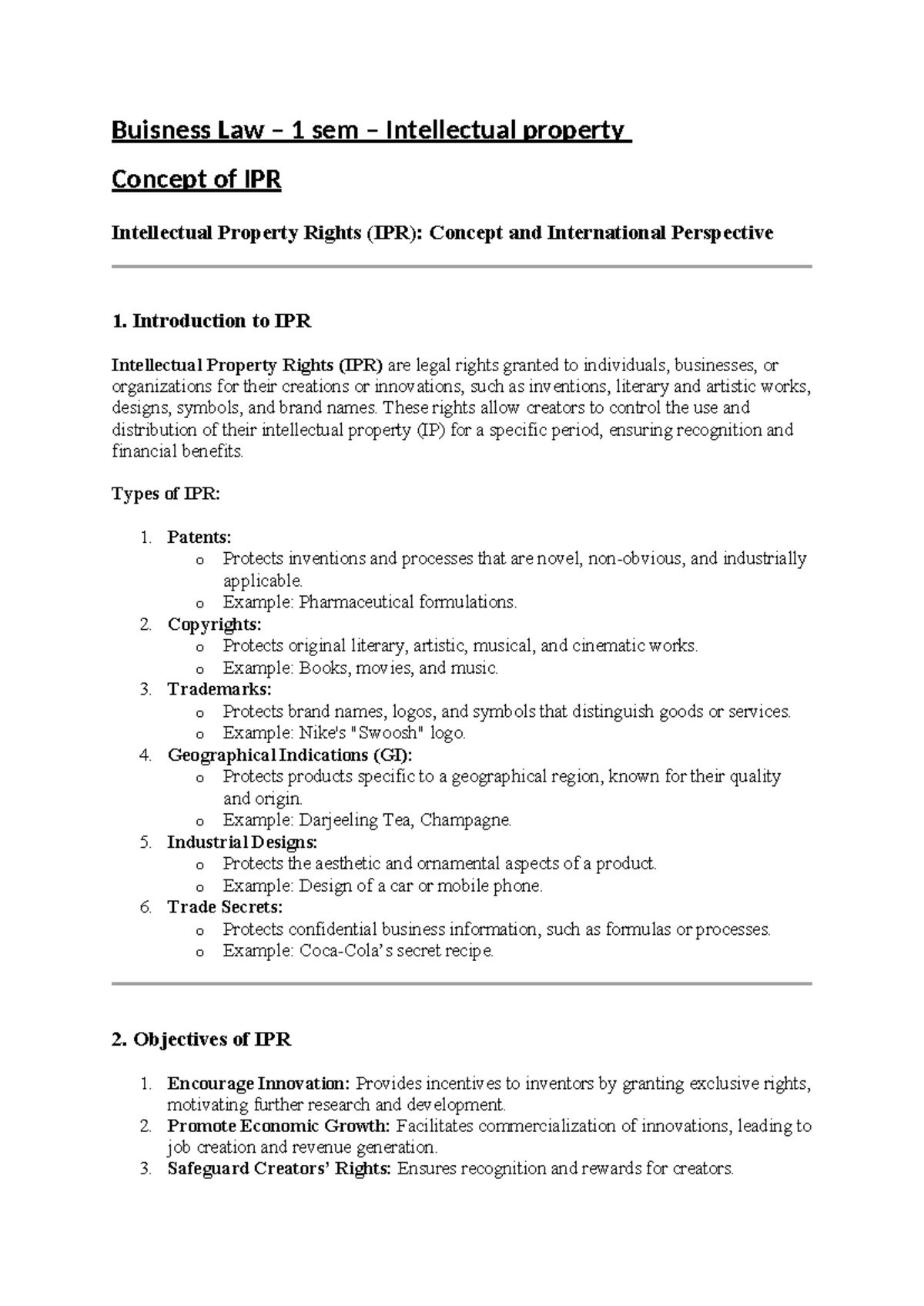 Business Law - 1 Sem: Intellectual Property Rights Overview and ...