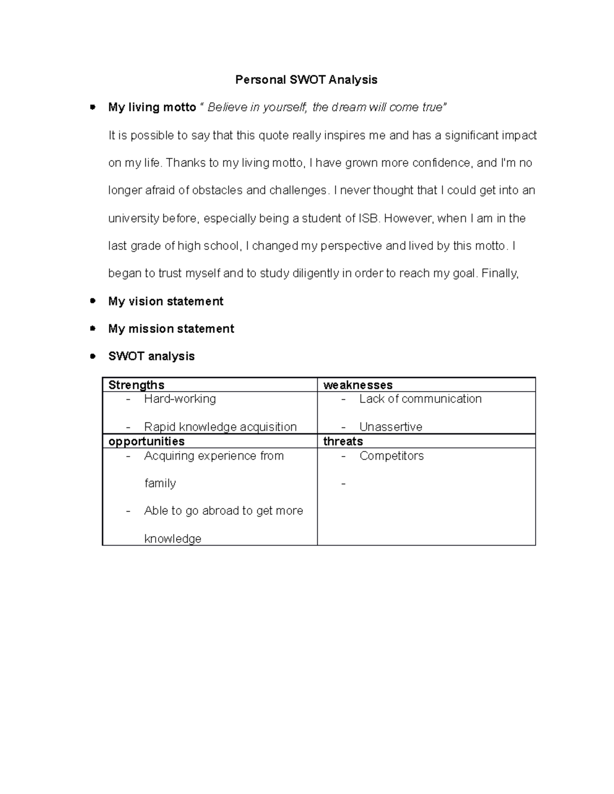 Personal swot analysis - Personal SWOT Analysis My living motto ...