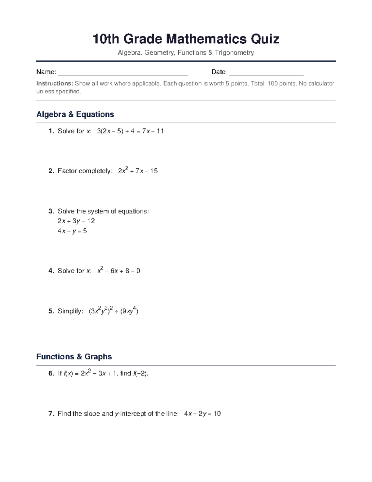 10th Grade Math Quiz: Algebra, Geometry & Trigonometry - Studocu