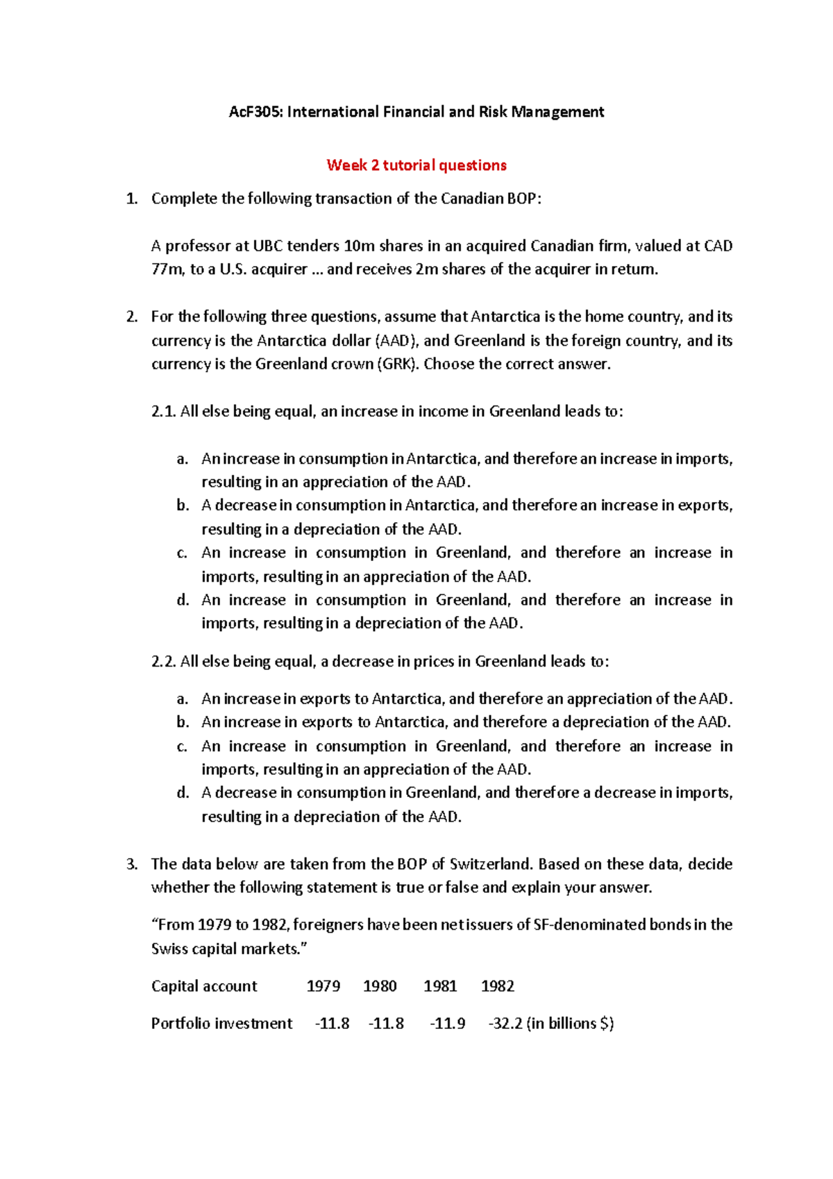 ACF305: International Financial & Risk Management Week 2 Tutorial ...