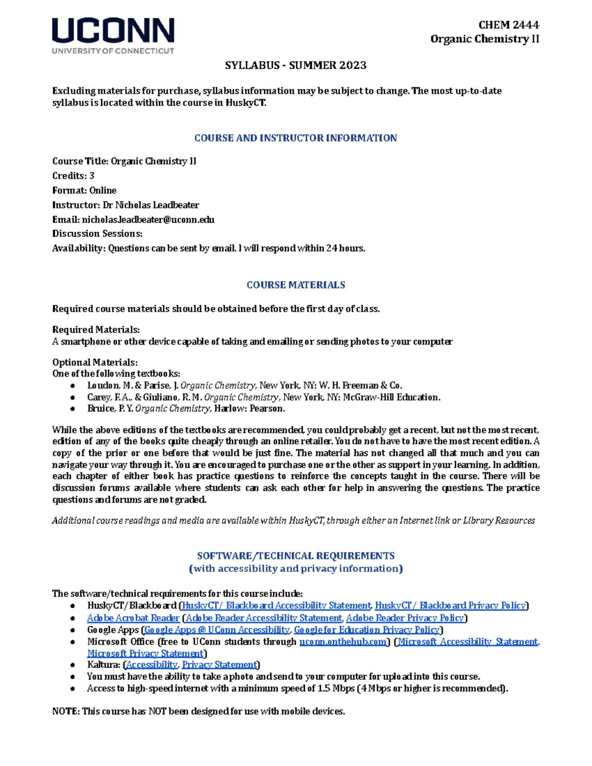 CHEM 2444 Organic Chemistry II Syllabus - Summer 2023 Details - Studocu