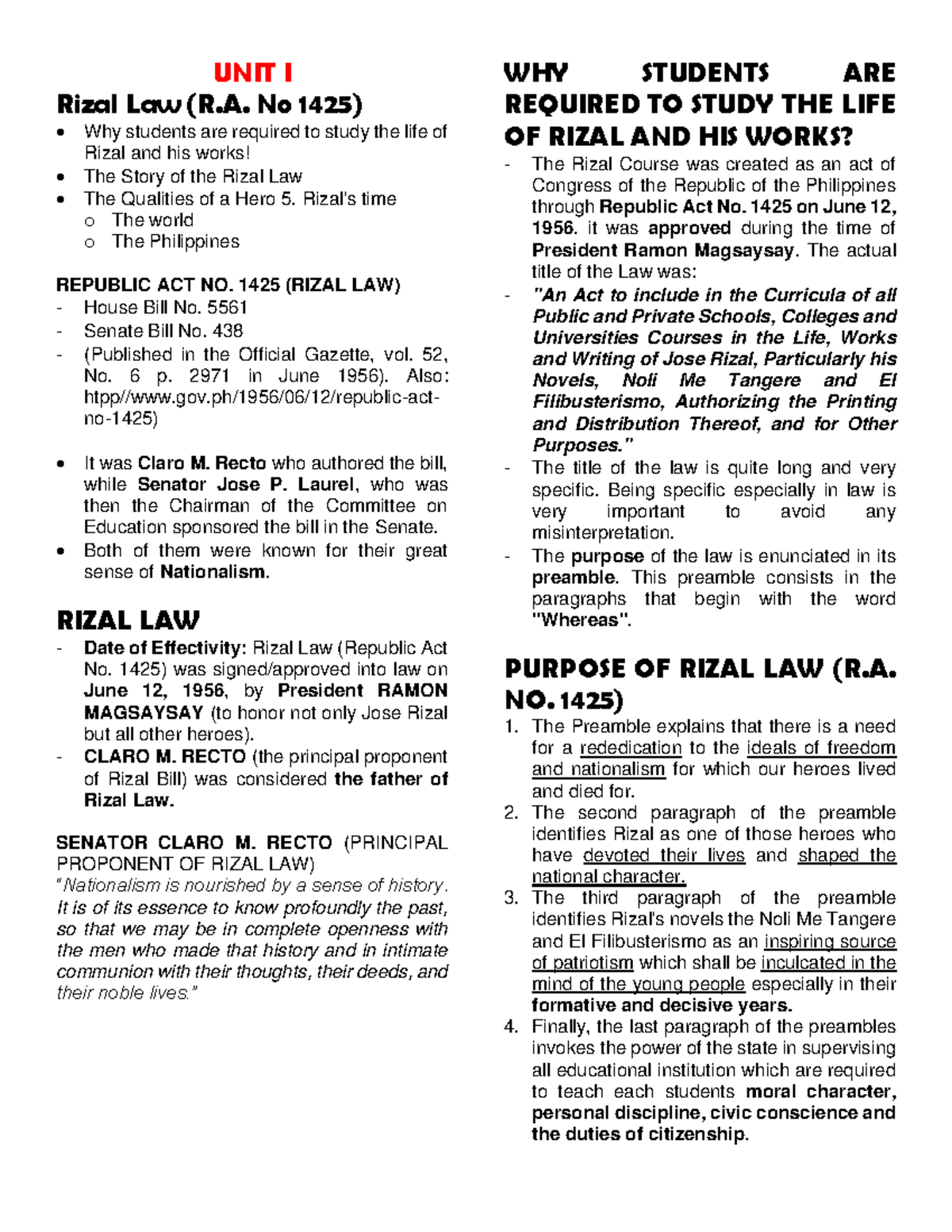 Rizal Law: Overview of Units 1 to 4 and Historical Context (R.A. 1425) - Document Preview
