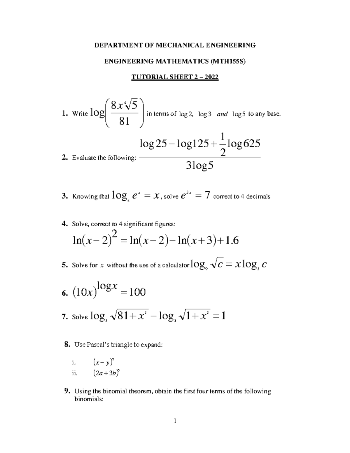 MTH155S Engineering Mathematics Tutorial Sheet 2 - Questions - Studocu