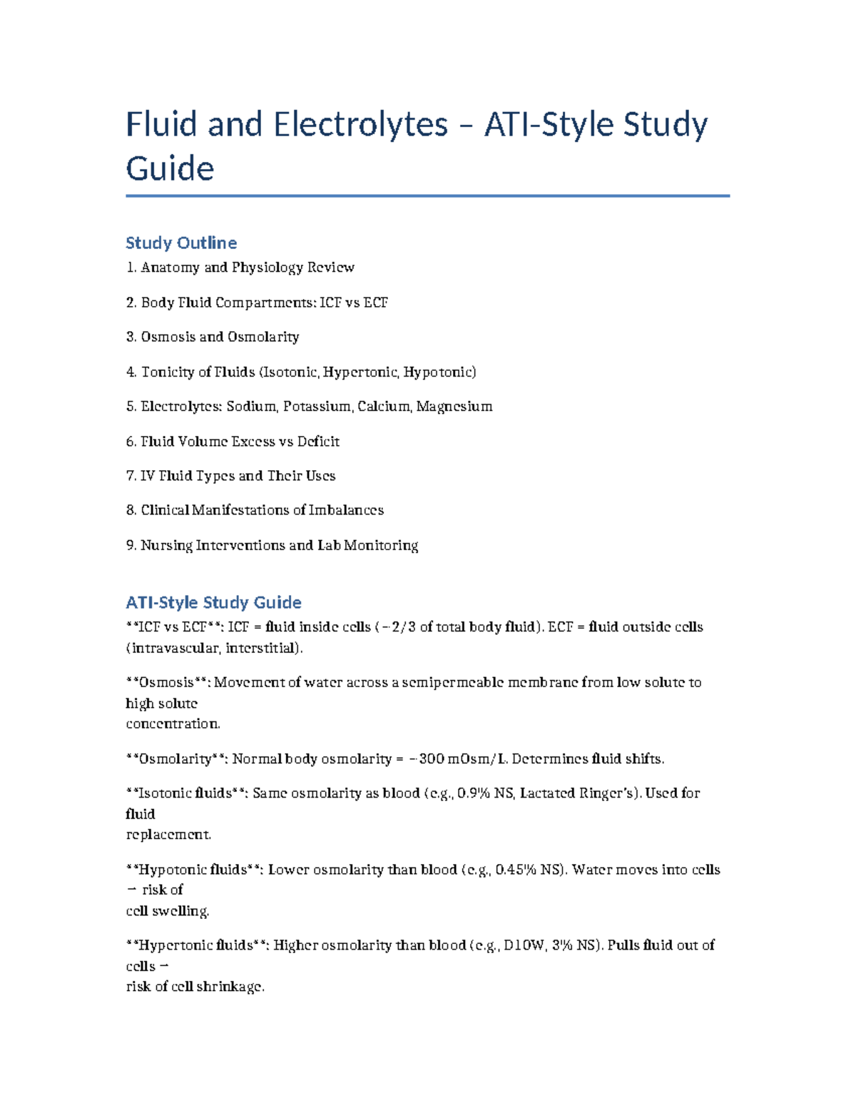 Fluid and Electrolytes Study Guide (NUR 101) - Studocu