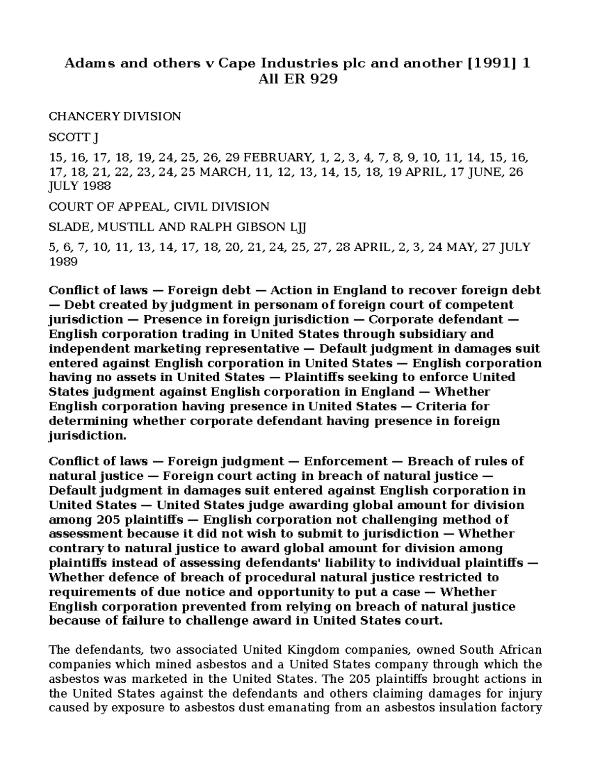 Adams & Others v Cape Industries plc: Key Legal Insights [1991] 1 All ...