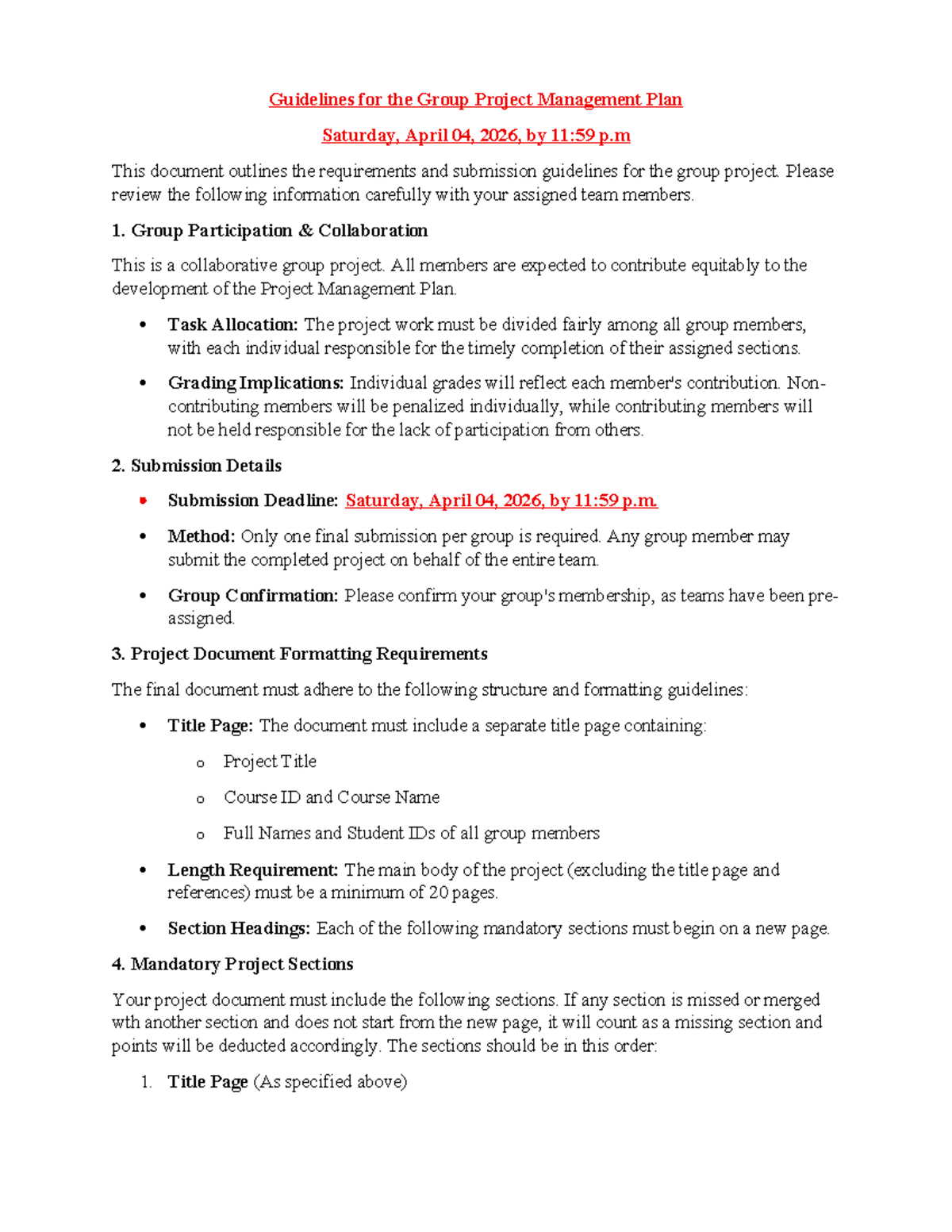 Group Project Management Plan Guidelines (Course ID) - Studocu