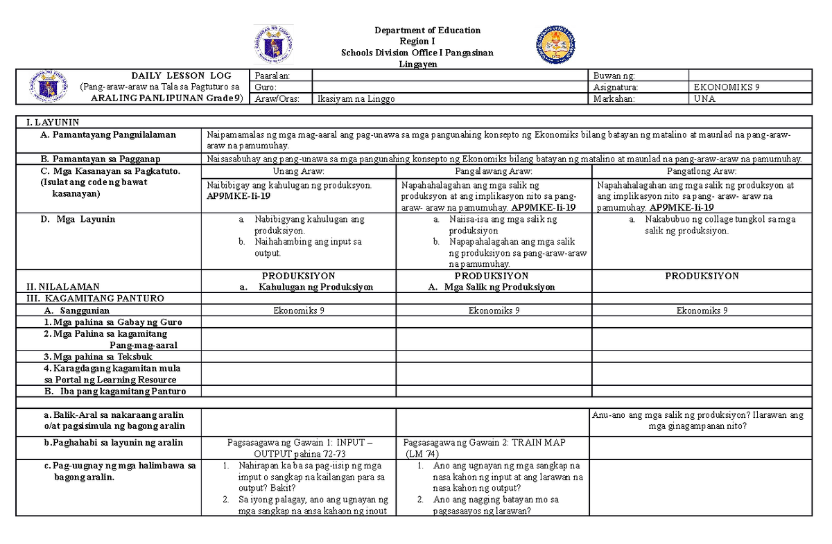 AP9 1st Grading Week 9 - Lesson Plan on Ekonomiks 9 - Studocu