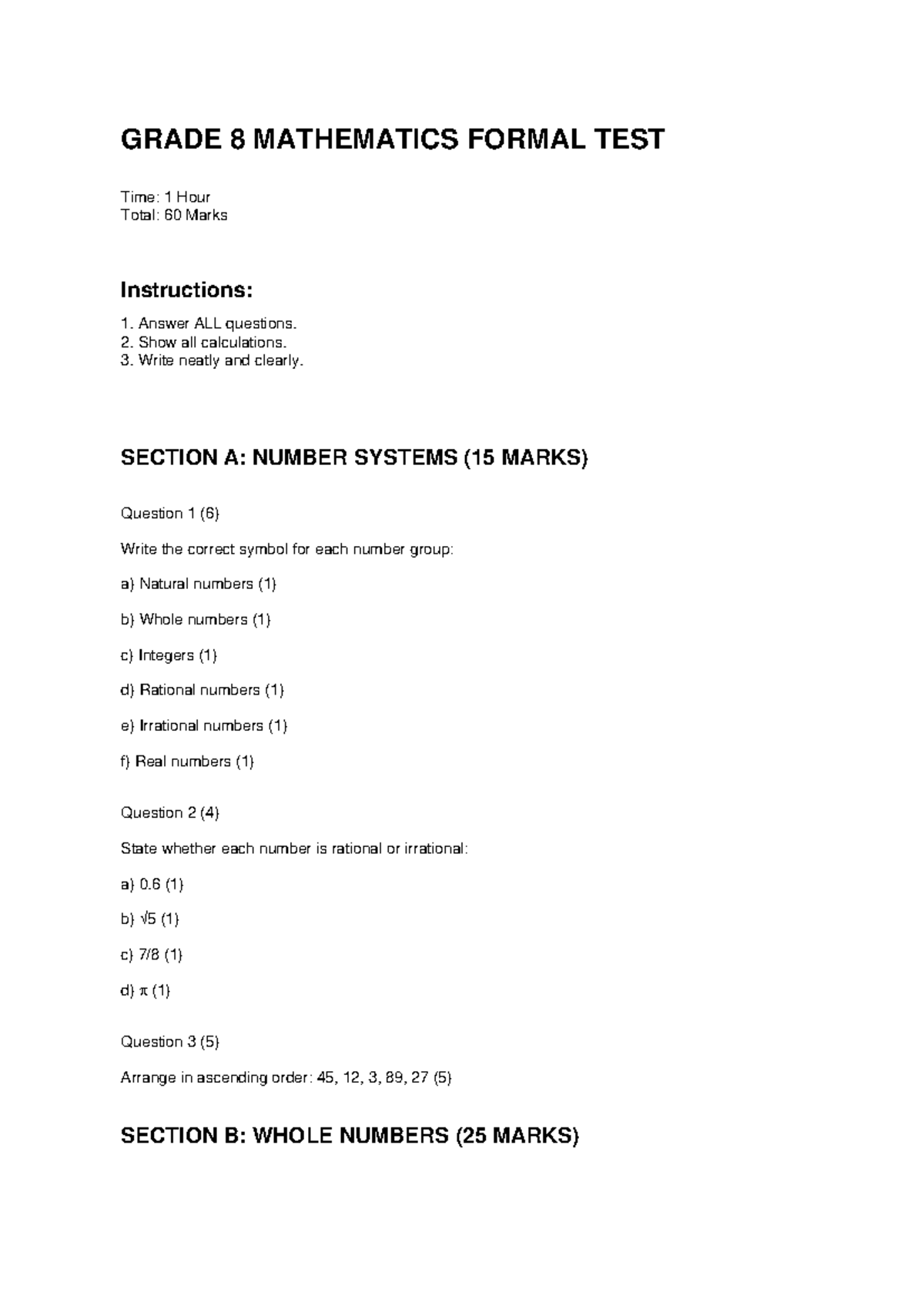 Grade 8 Mathematics Formal Test - 60 Marks Assessment - Studocu