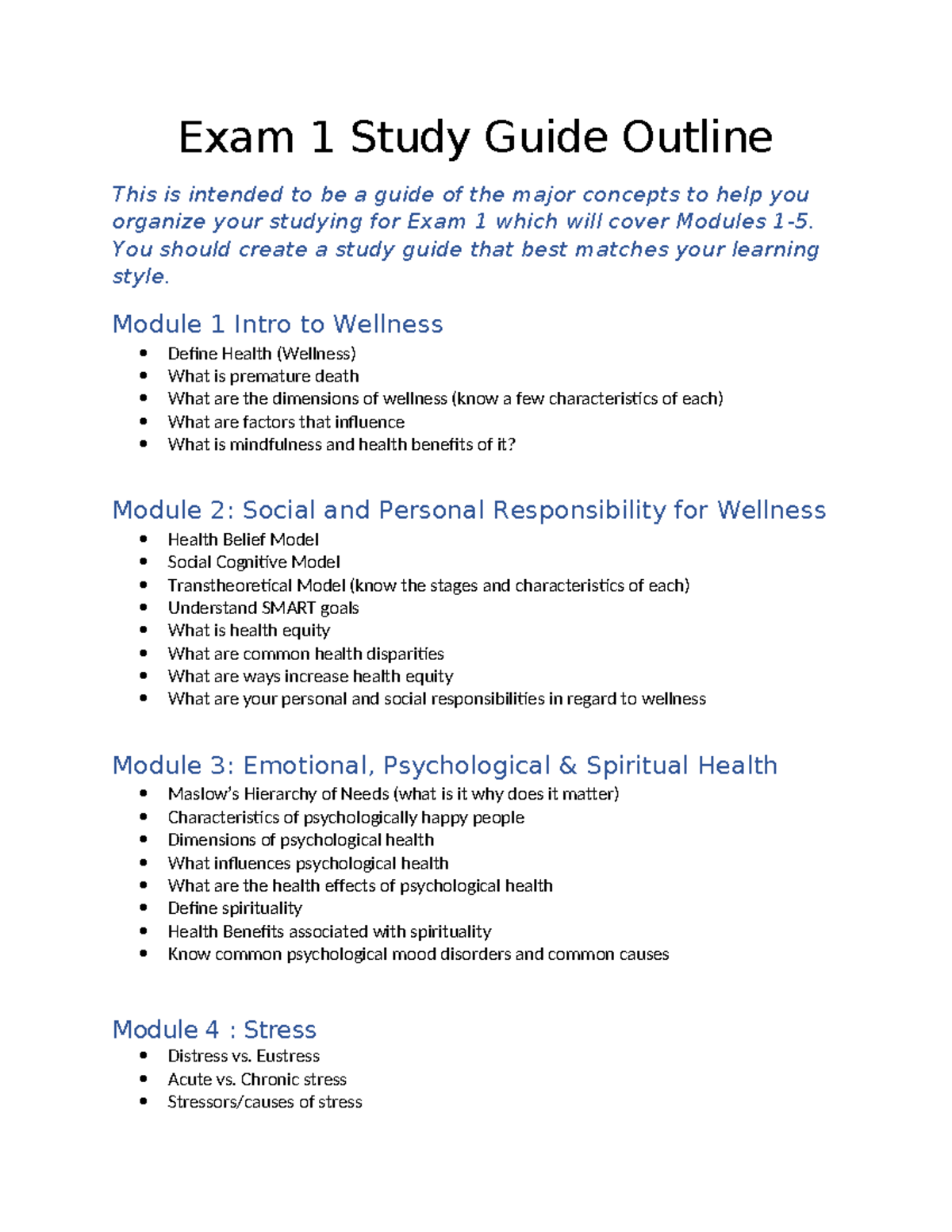 Exam 1 Study Guide for Wellness Modules 1-5: Key Concepts & Strategies ...