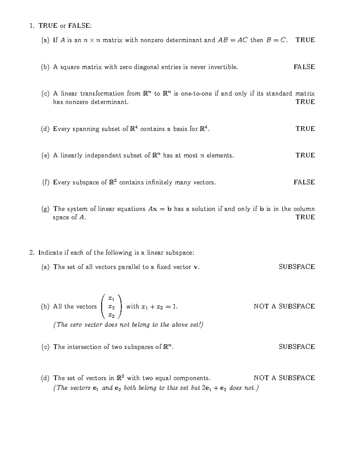 Mid2-practice 2+solutions - TRUE or FALSE: (a) If A is an n ⇥ n matrix ...