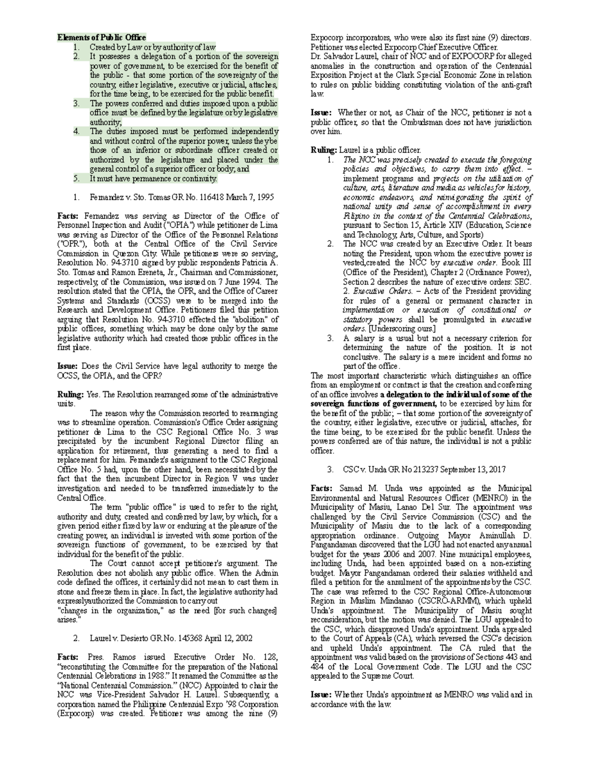 Law on Public Officers: Key Concepts and Case Summaries (LAW 101) - Studocu