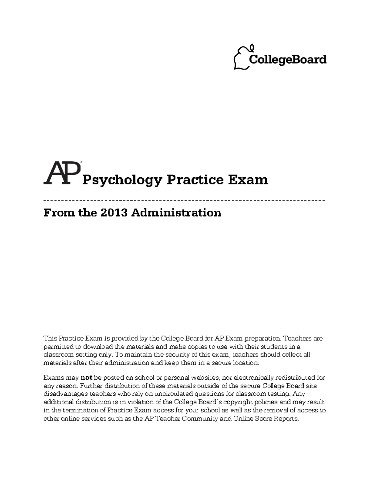 2013 AP Psych Practice Exam: MCQ Questions & Answers Guide - Studocu