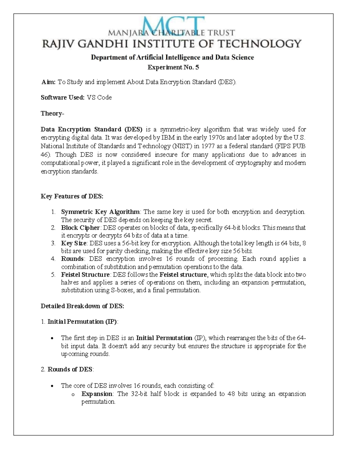 Experiment No. 5: Study and Implementation of Data Encryption Standard ...