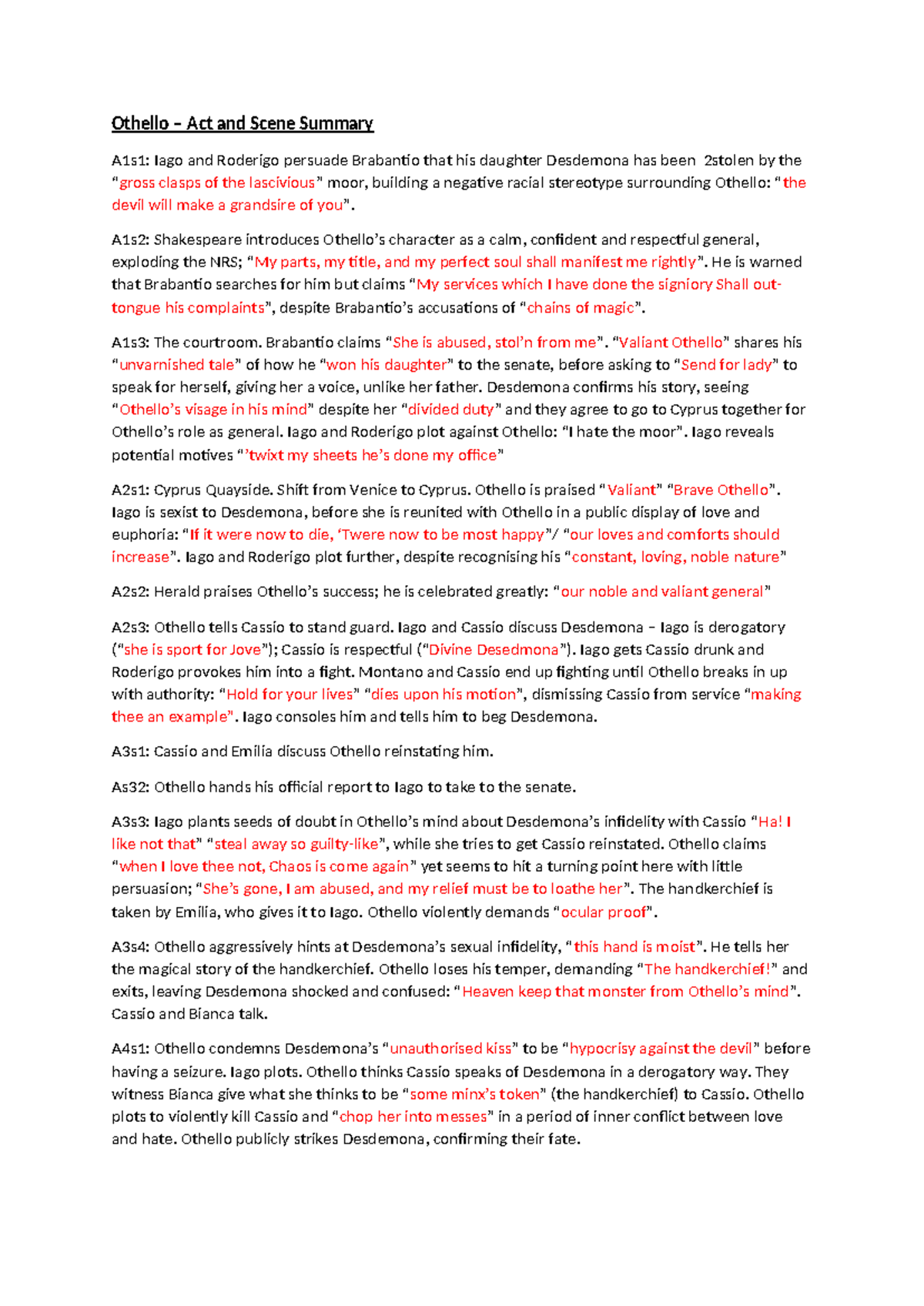 Act Summaries - Othello – Act and Scene Summary A1s1: Iago and Roderigo ...