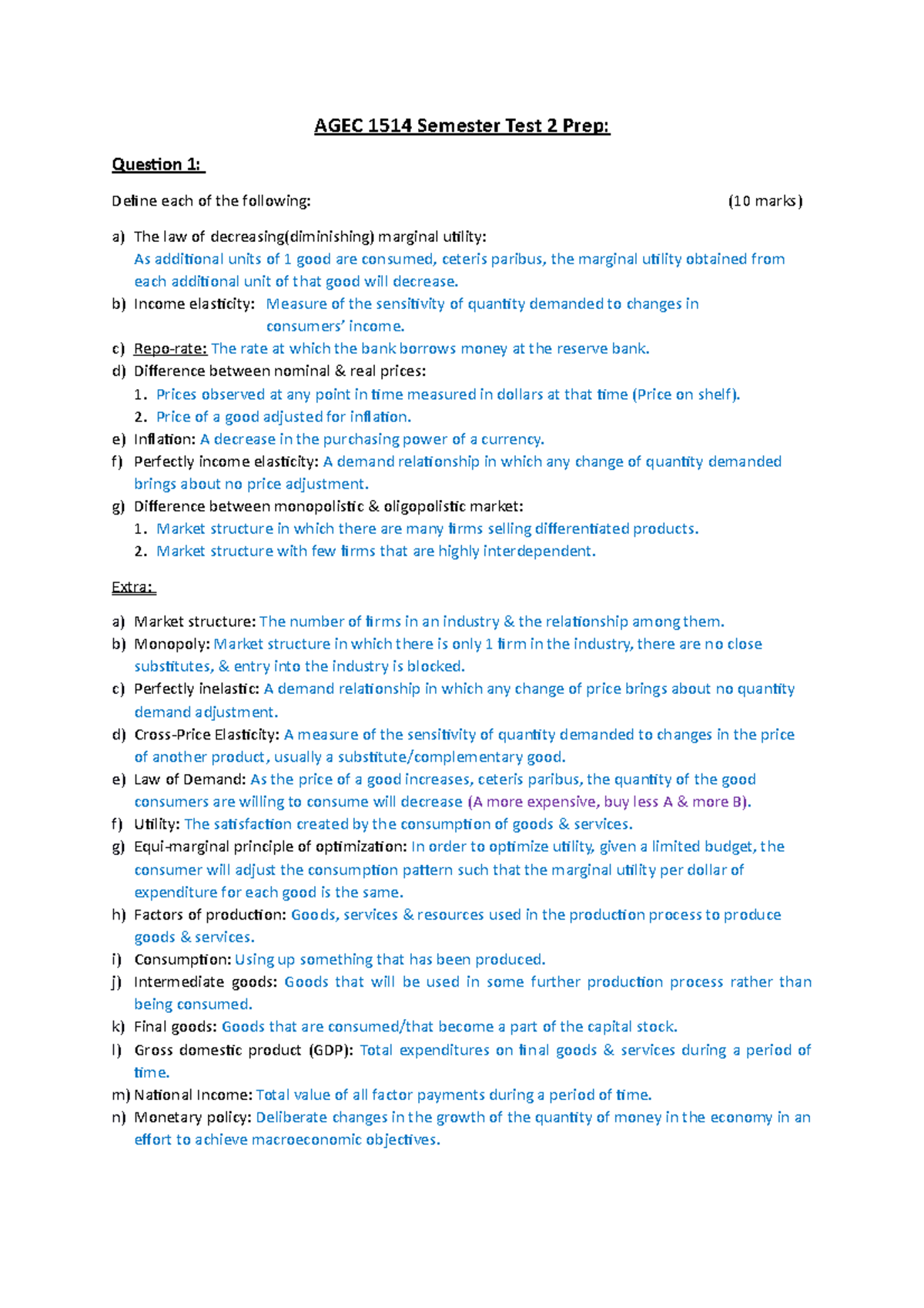 AGEC 1514 Semester Test 2 Study Guide and Prep Notes - Studocu