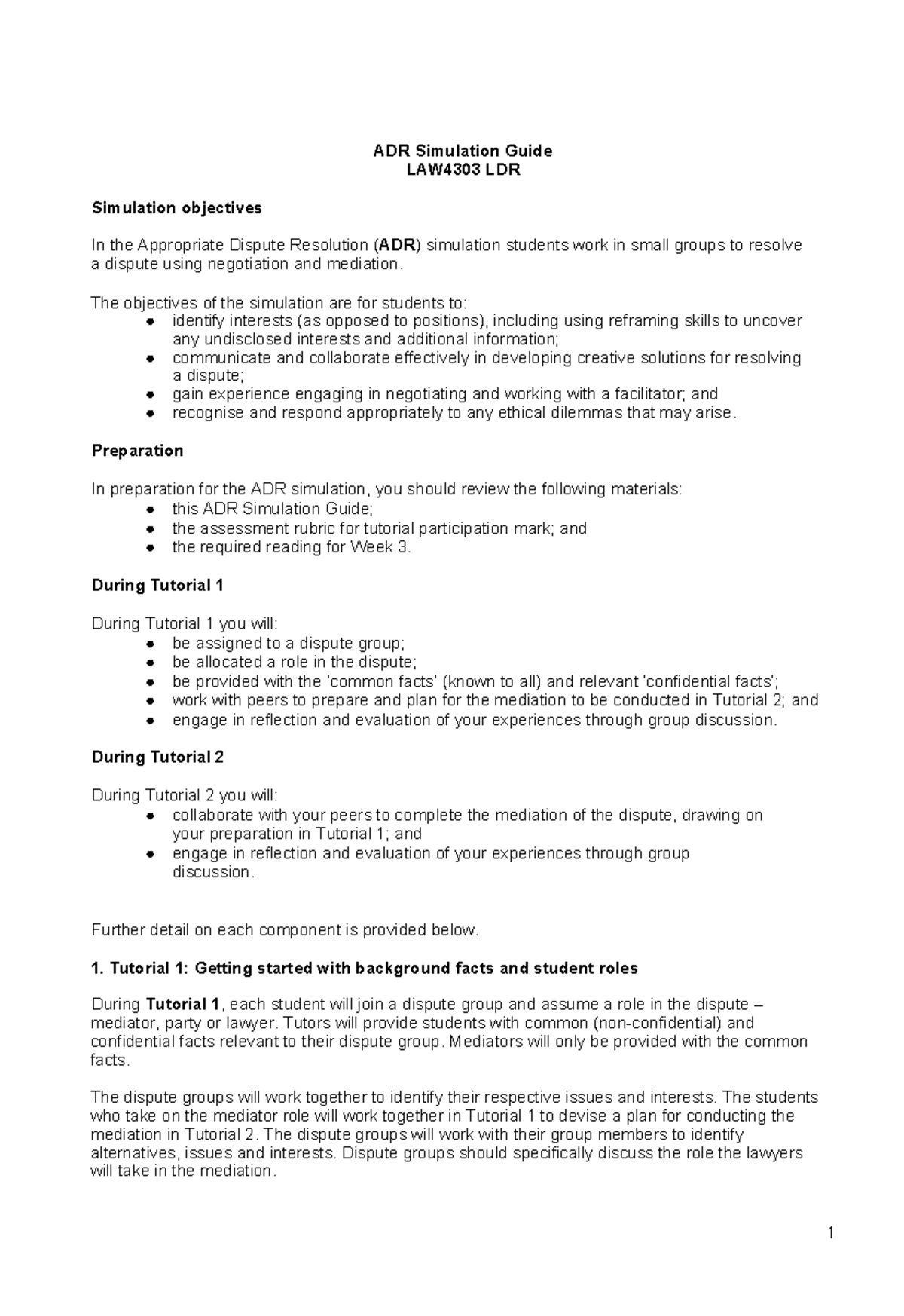 ADR Simulation Guide for LAW4303: Objectives & Preparation - Studocu