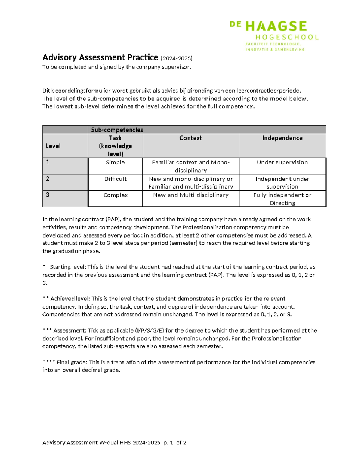Advisory Assessment Form HHS: Competency Evaluation Guide - Studeersnel