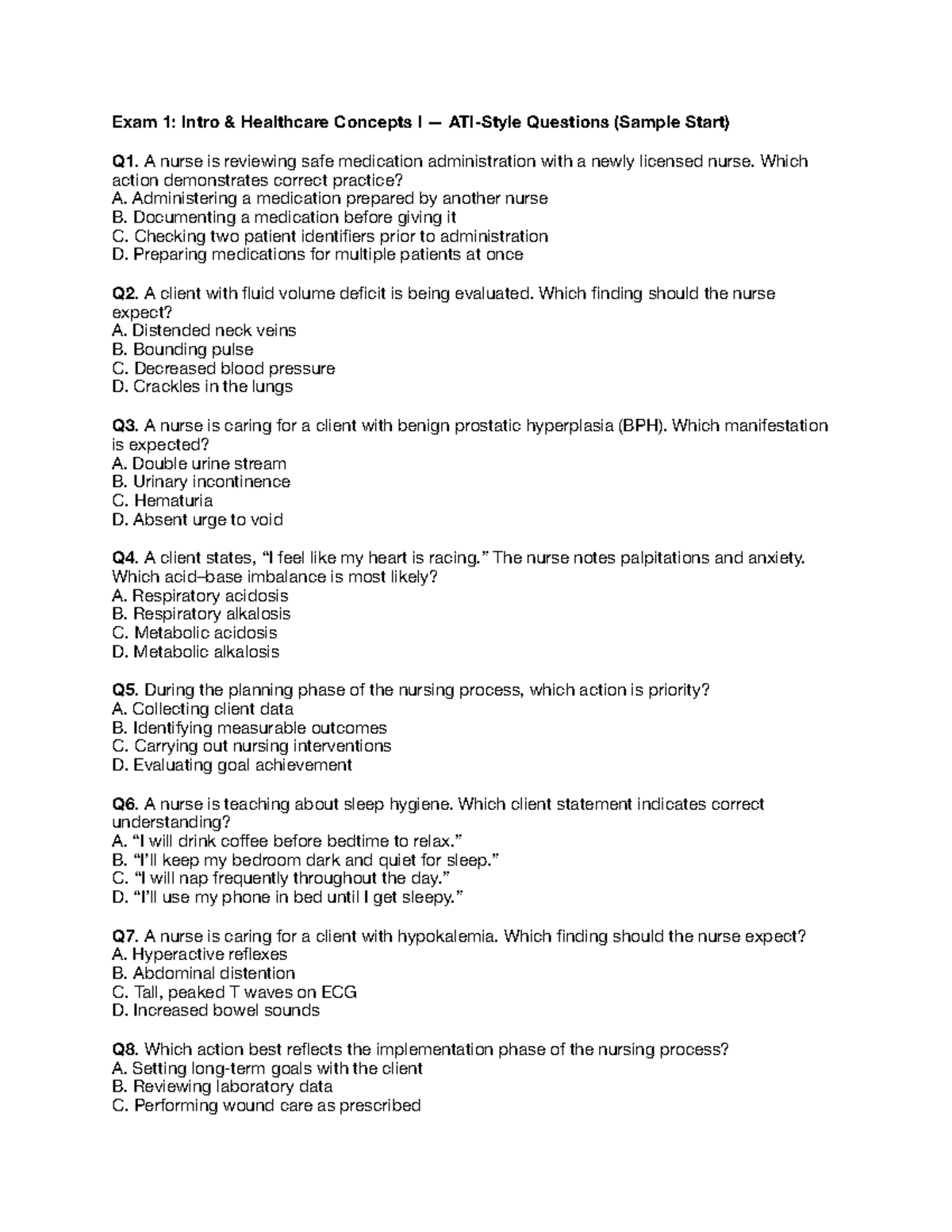 Exam 1: Intro to Healthcare Concepts I - ATI-Style Questions - Studocu