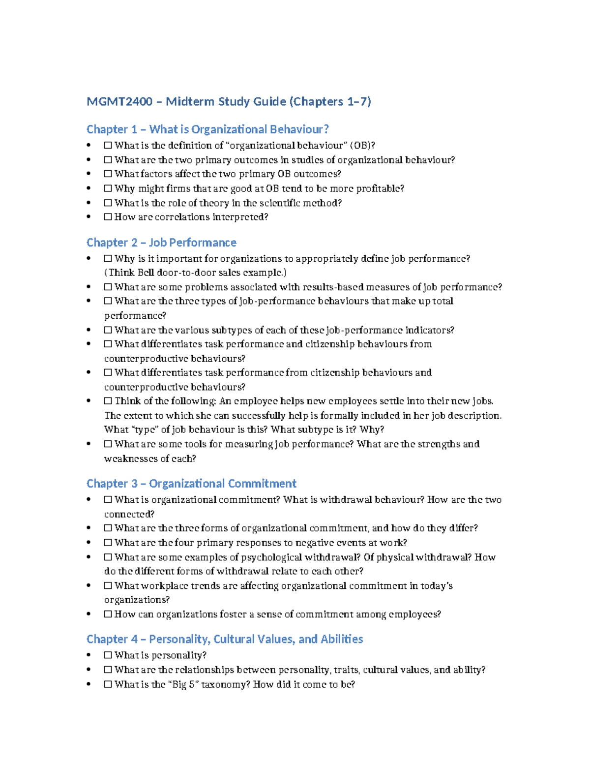 MGMT2400 Midterm Study Guide: Key Concepts in Organizational Behaviour ...
