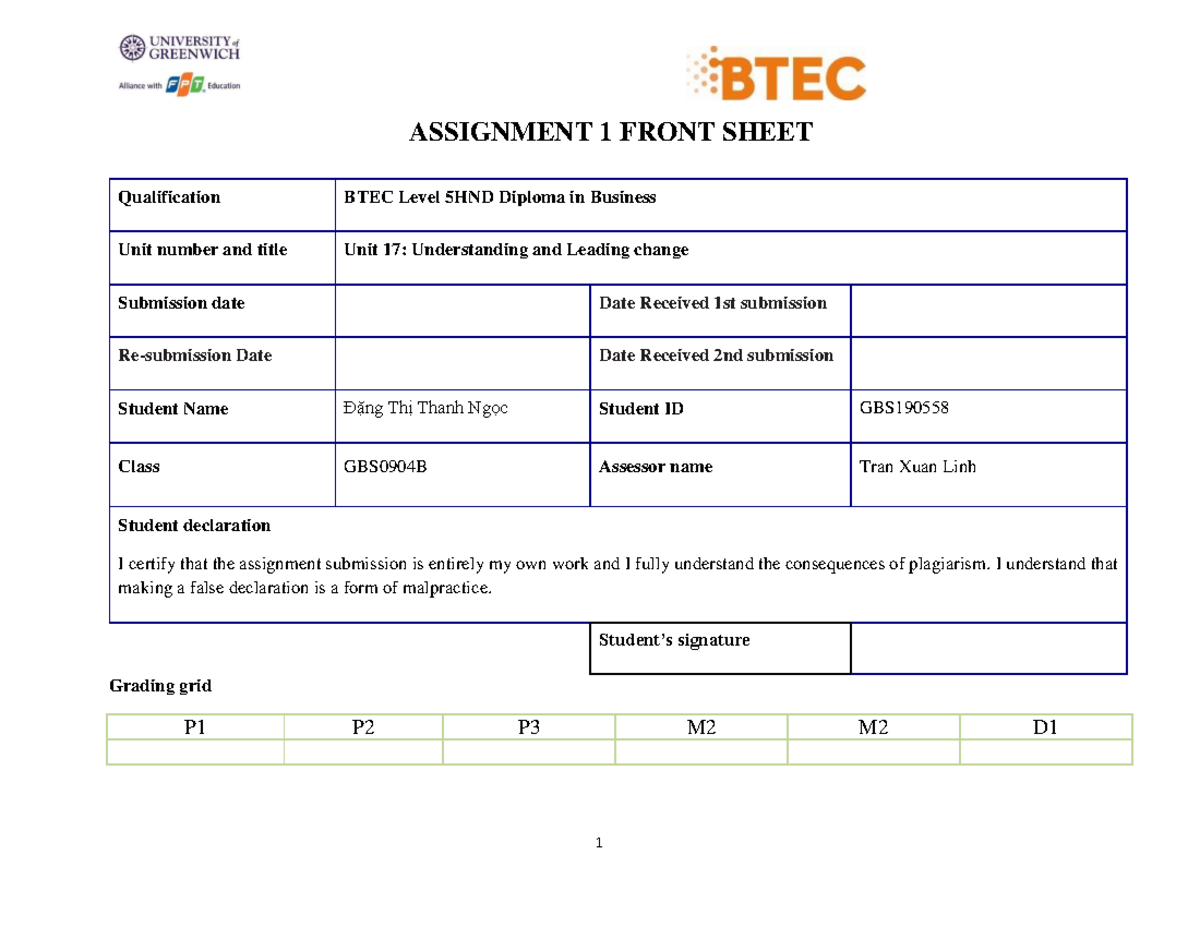 529 asm1 explame - ASM1 529 - ASSIGNMENT 1 FRONT SHEET Qualification ...