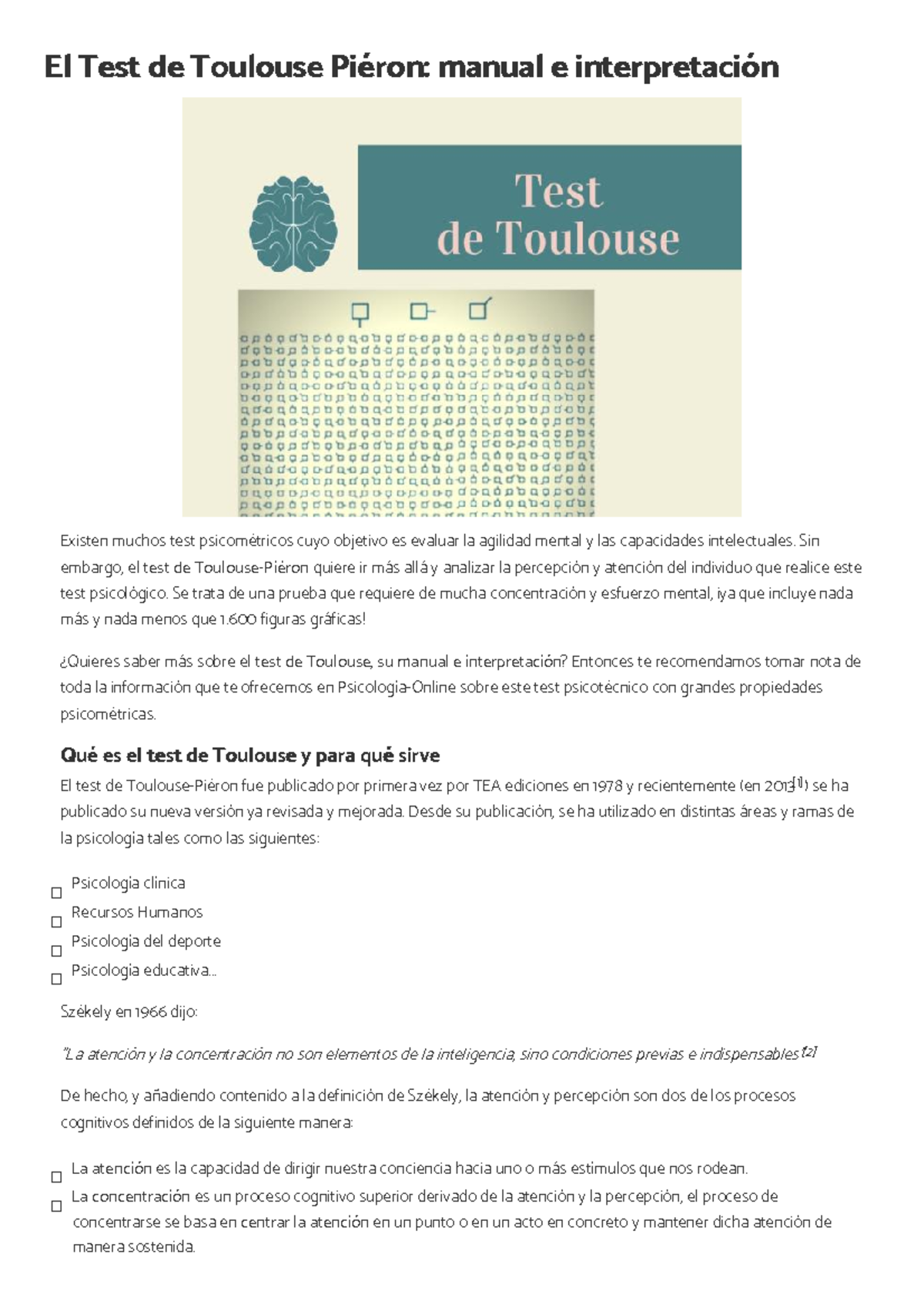 Manual e Interpretación del Test de Toulouse-Piéron en Psicología - Studocu