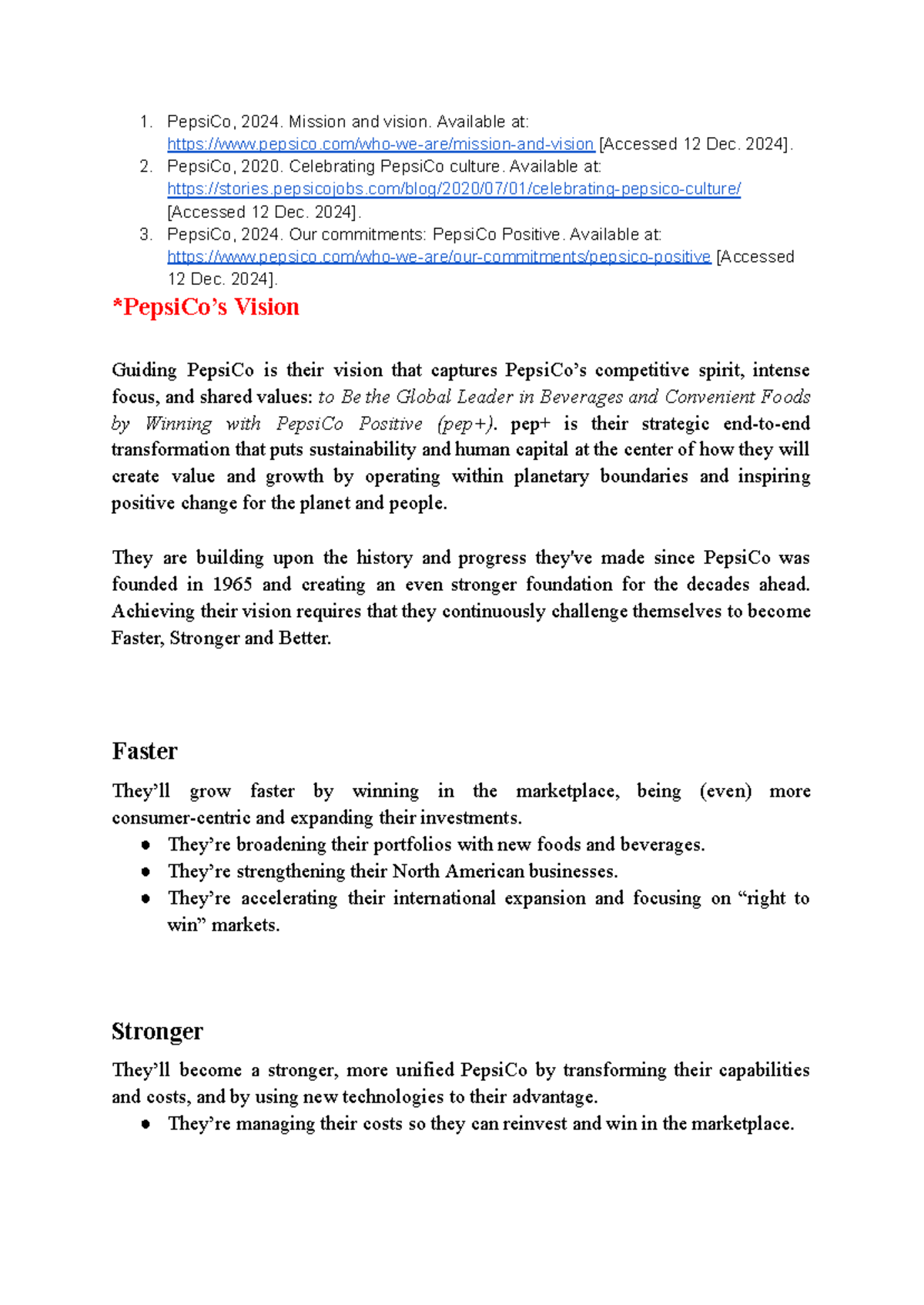 Part 2 POM - helpful for u - 1. PepsiCo, 2024. Mission and vision ...