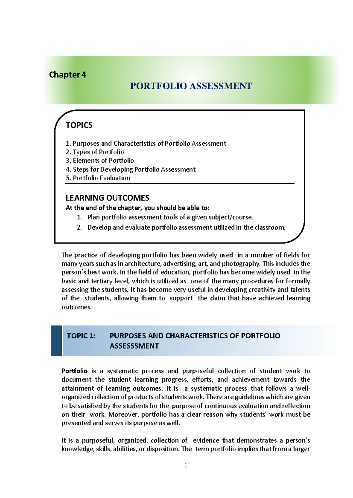Lesson 4 - Exploring Portfolio Assessment and Its Characteristics - Studocu