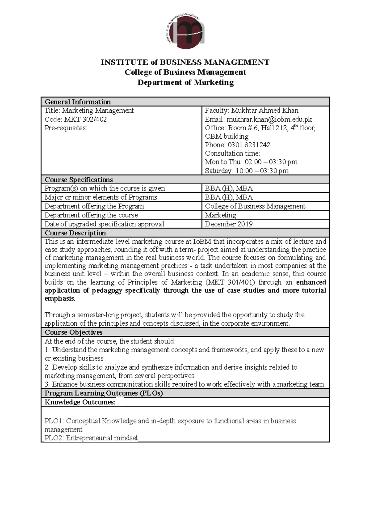 MKT 302: Comprehensive Course Outline for Marketing Management 2021 ...