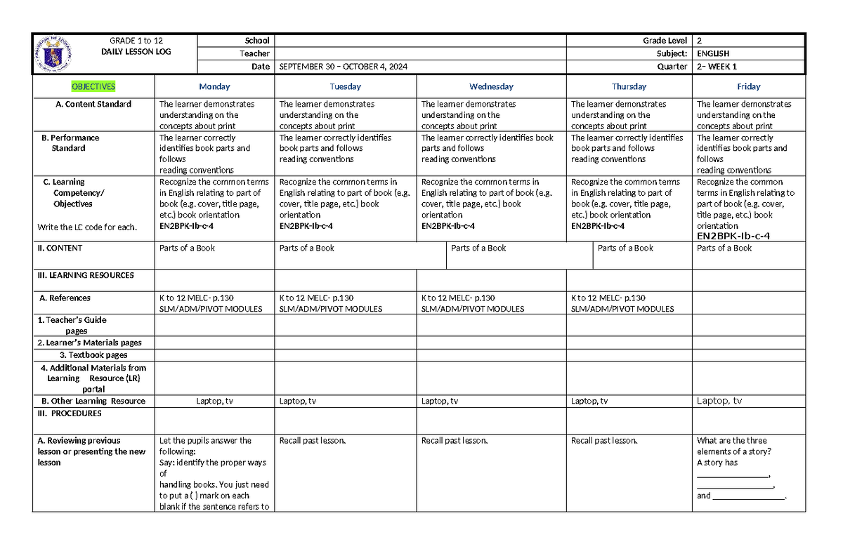WEEK1-dll- English - dll - GRADE 1 to 12 DAILY LESSON LOG School Grade ...
