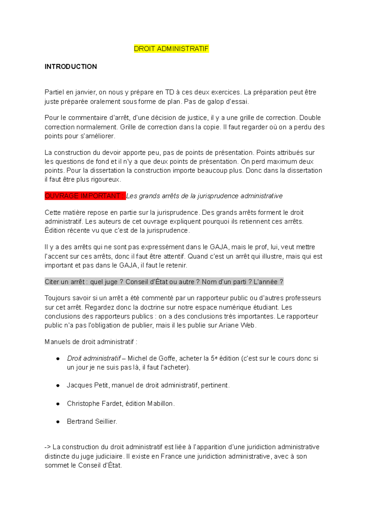 Cours de Droit Administratif - Introduction et Examen Partiel - Studocu
