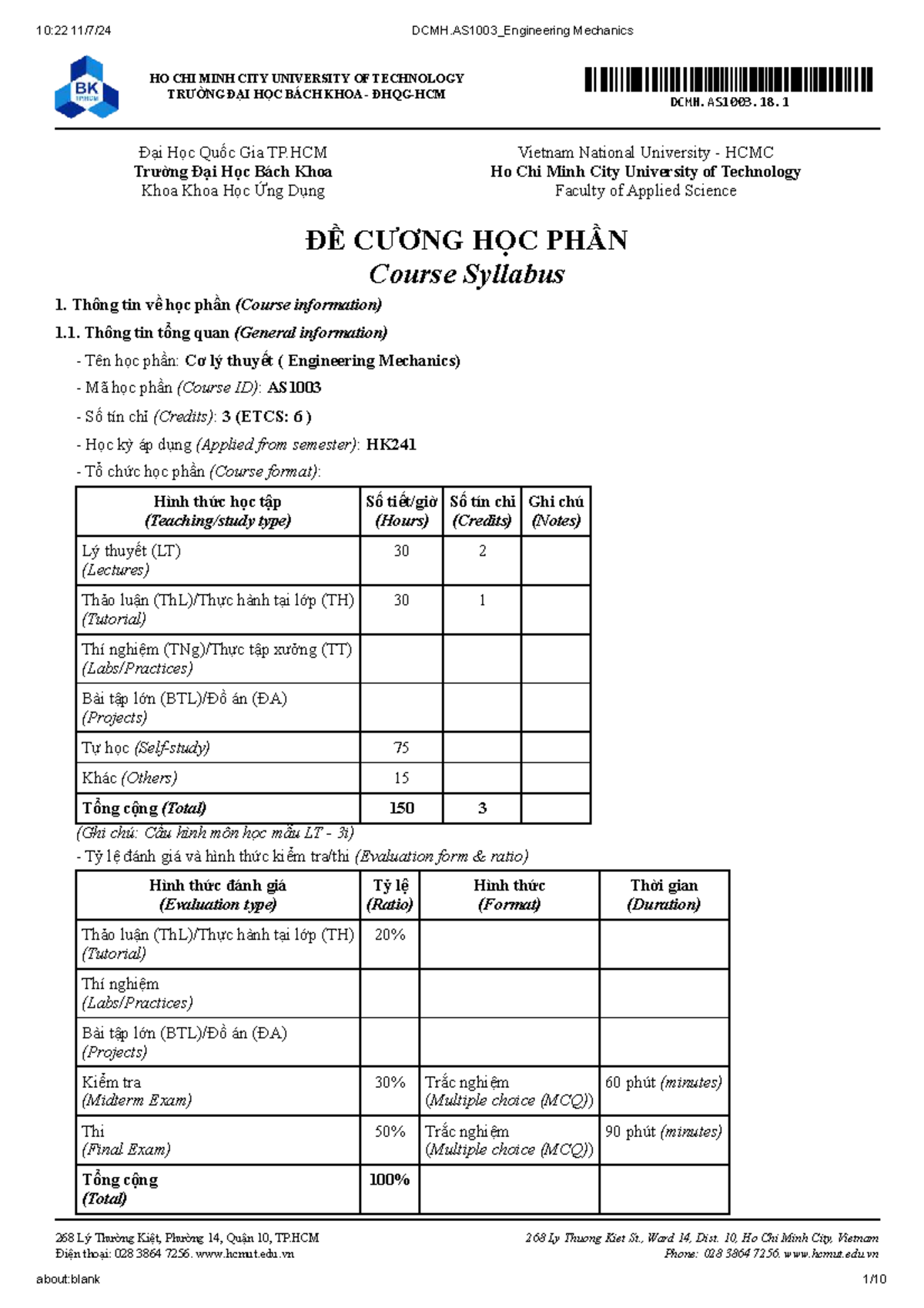 DCMH.AS1003 Course Syllabus: Engineering Mechanics Overview - Studocu