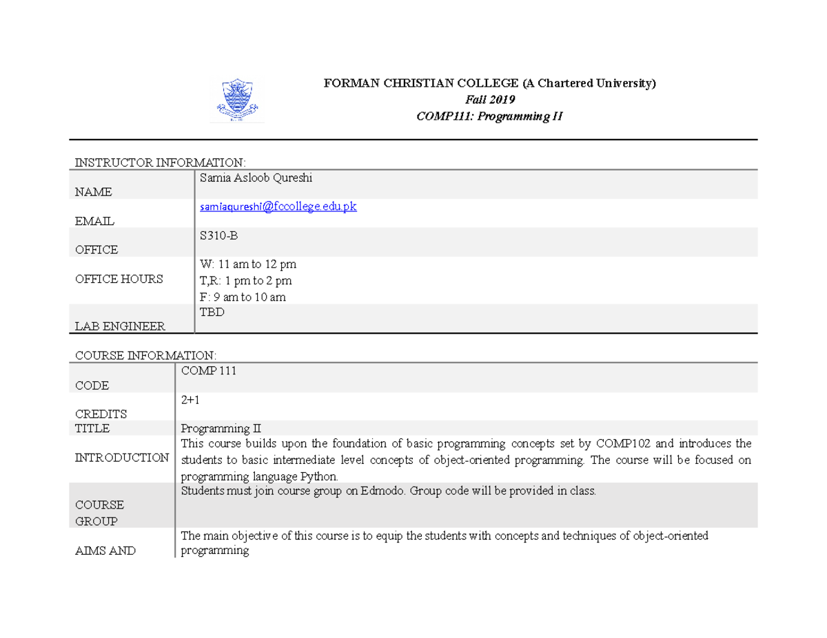 COMP111-Programming II-Course Outline-Spring 2020 - Studocu