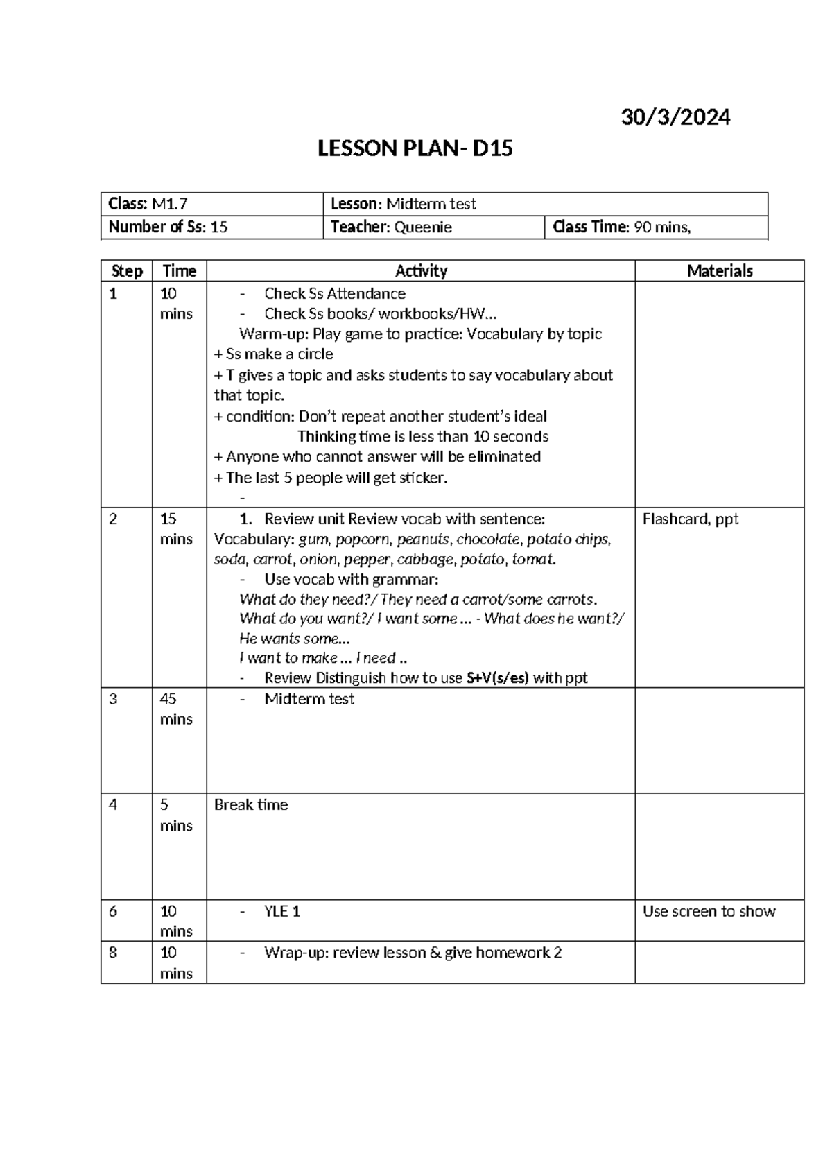 M1.7 Midterm Test Lesson Plan - 15 Students with Activities - Studocu