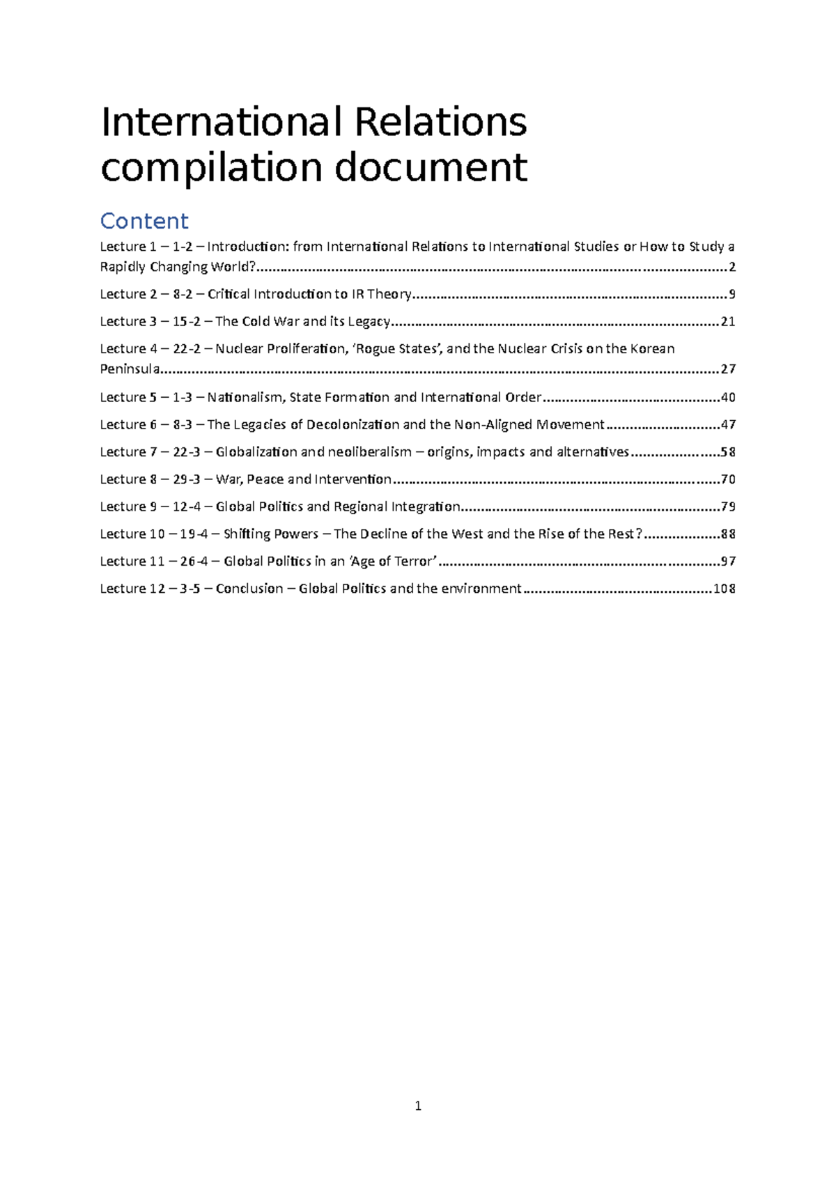 International Relations - Lecture Notes Compilation (Post-Cold War ...