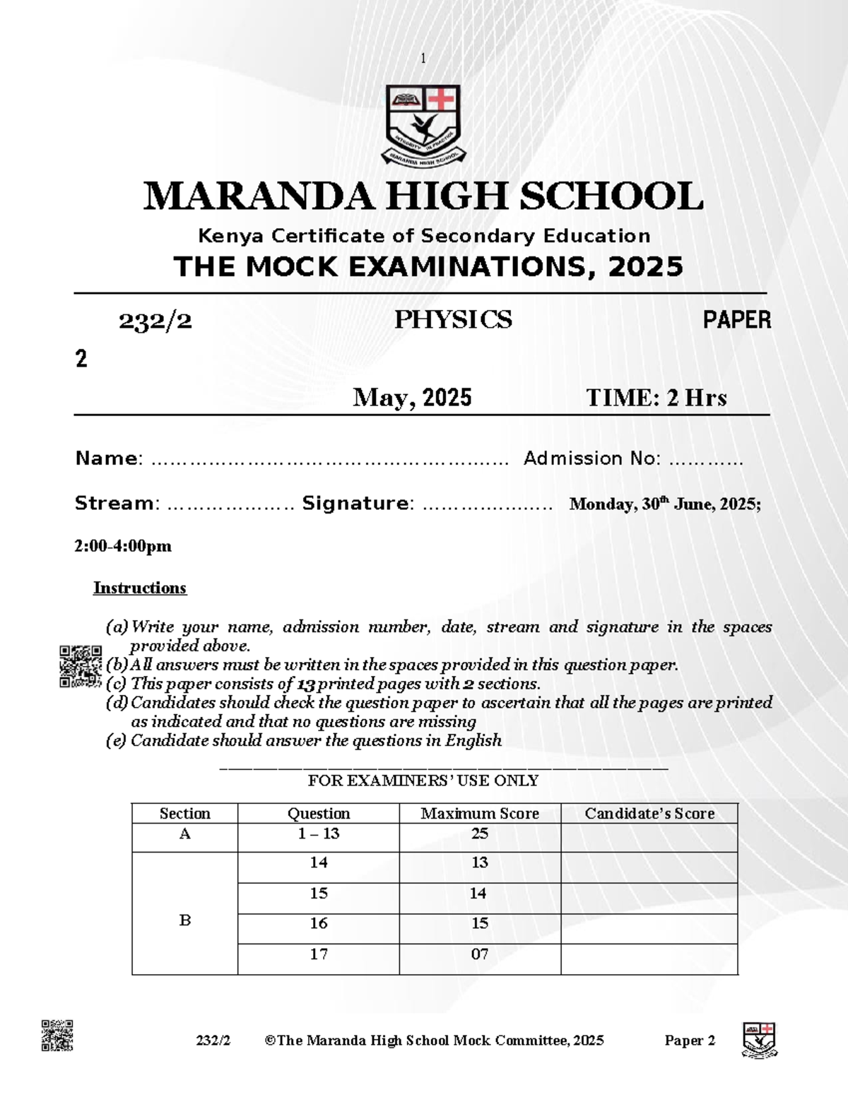 Maranda High School KCSE 2025 Mock Exam Physics Paper 2 Questions - Studocu