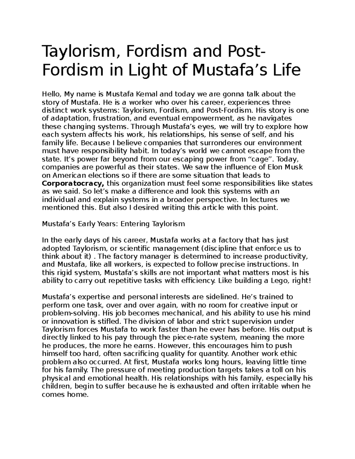 Analyzing Mustafa's Journey: Taylorism, Fordism & Post-Fordism - Studocu
