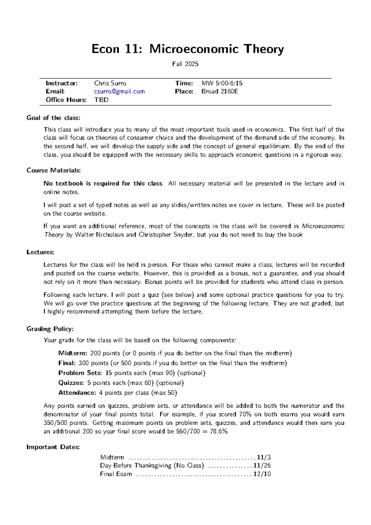 Econ 11: Microeconomic Theory Syllabus - Fall 2025 - Studocu