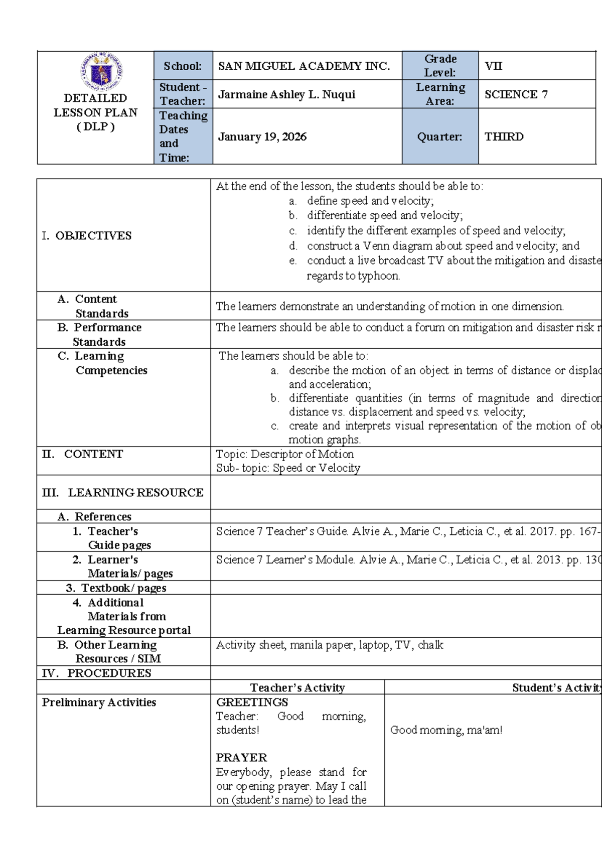 Detailed Lesson Plan (DLP) on Speed vs. Velocity - Science 7 - Studocu