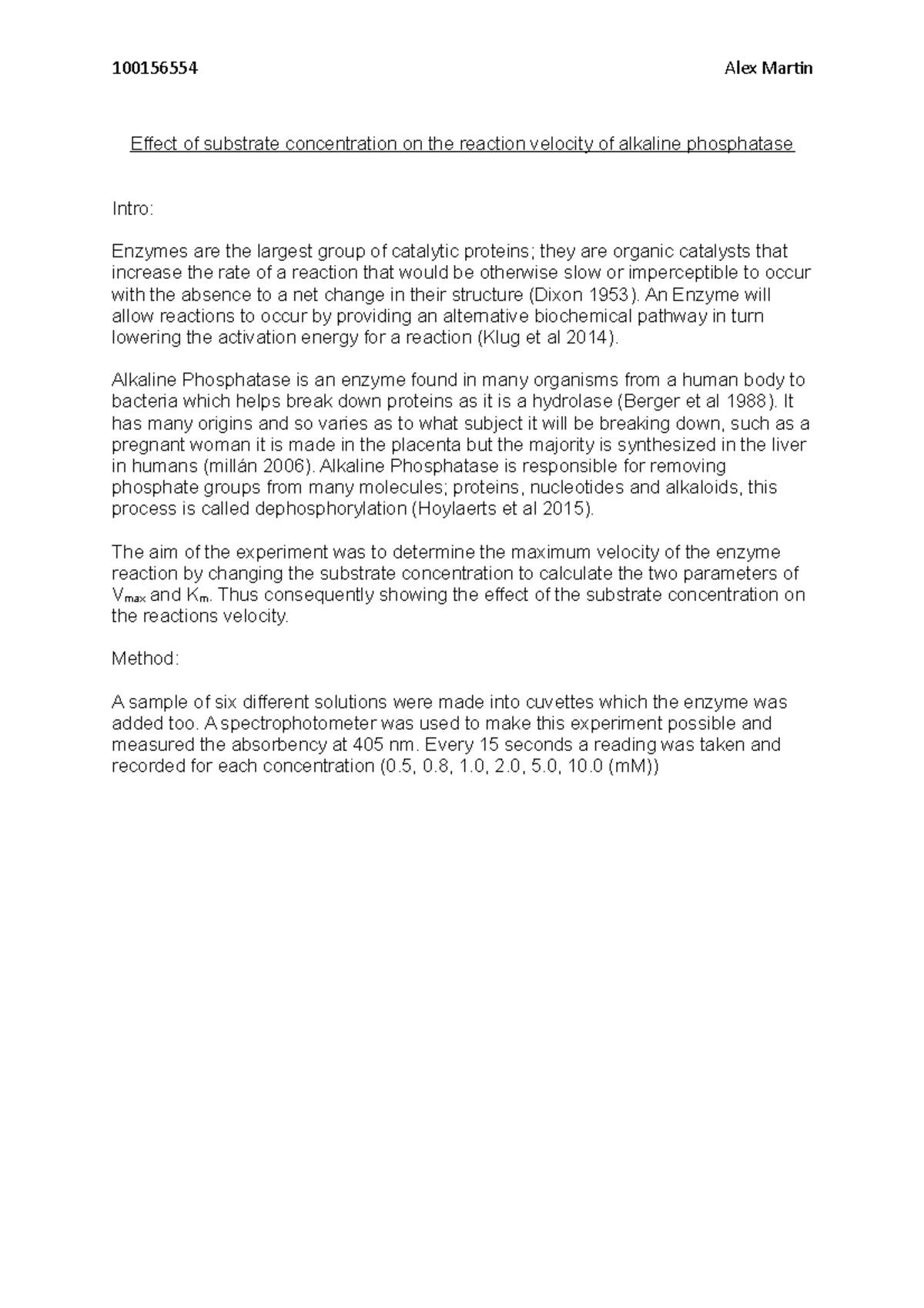 Enzyme Kinetics Report: Effect of Substrate Conc. on Alkaline ...