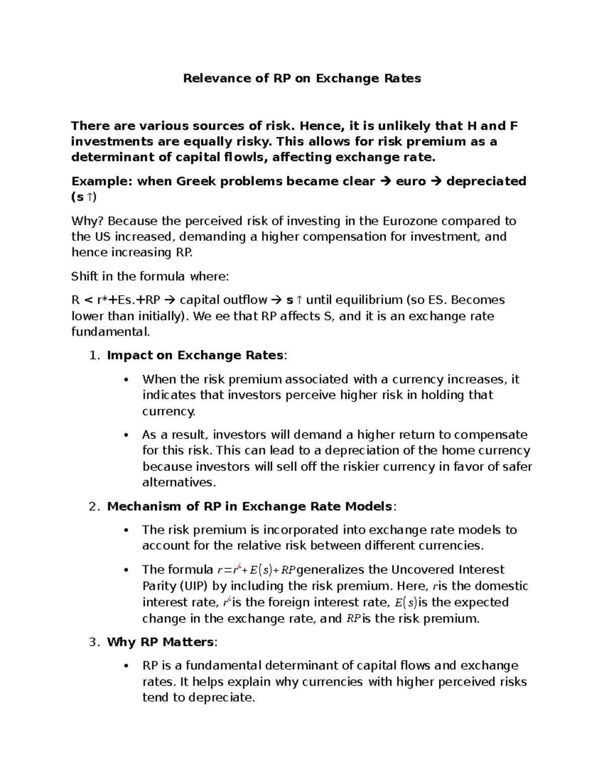 Relevance of Risk Premium (RP) on Exchange Rates Analysis - Studeersnel