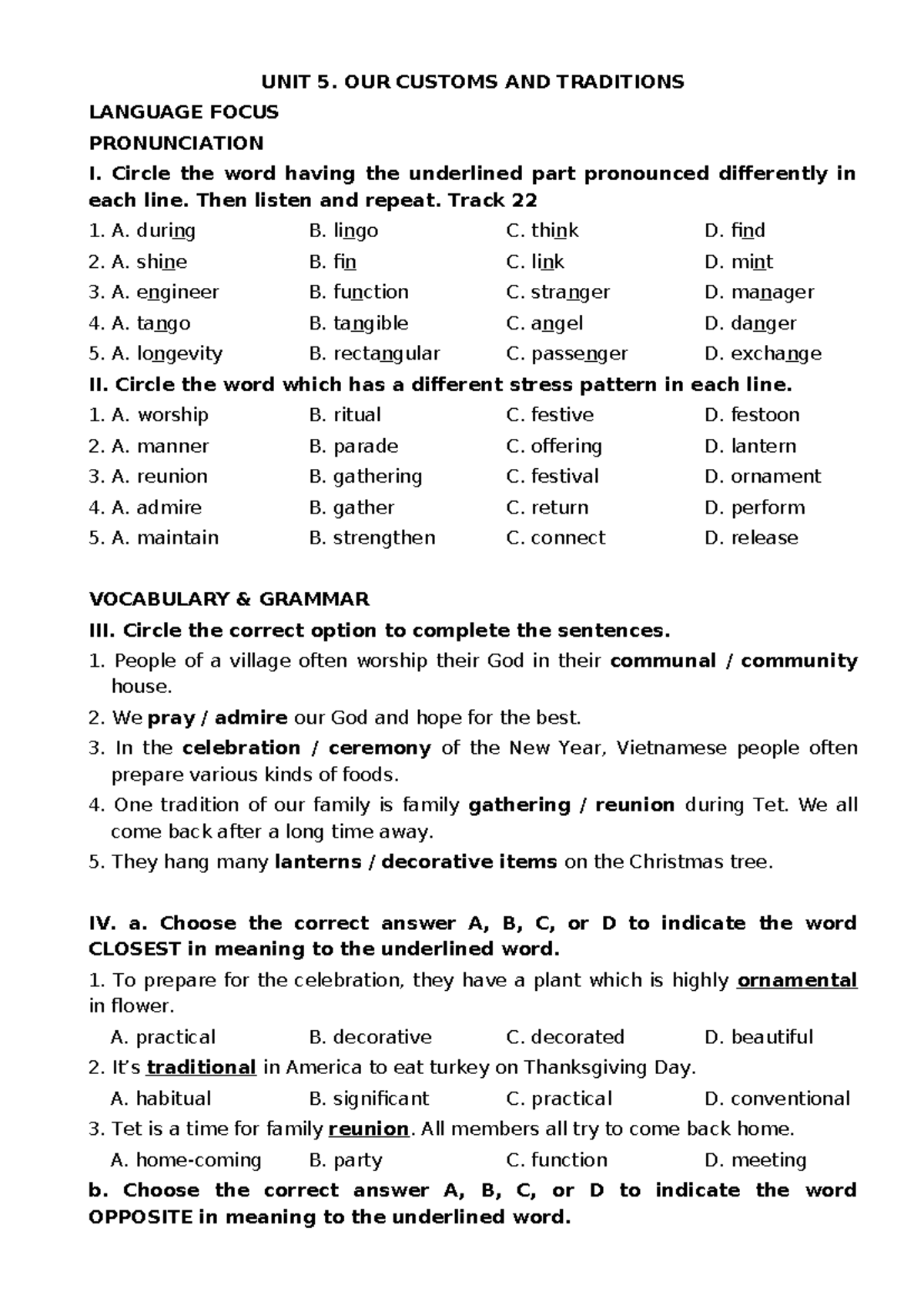 Grade 8 Unit 5 Review: Our Customs and Traditions Study Guide - Studocu